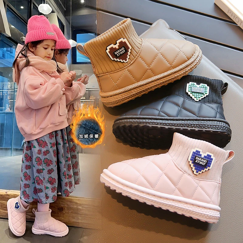 DDT女童靴子加厚大棉雪地靴3-12岁中大童靴子冬季保暖短靴防水