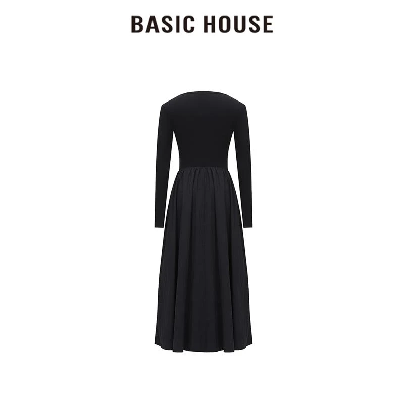 Basic House/百家好新春夏法式黑色赫本风黑裙长袖修身女装连衣裙