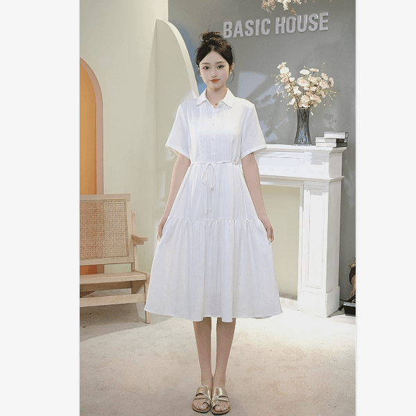 Basic House/百家好CSM夏季文艺白色POLO领短袖宽松连衣裙配吊带