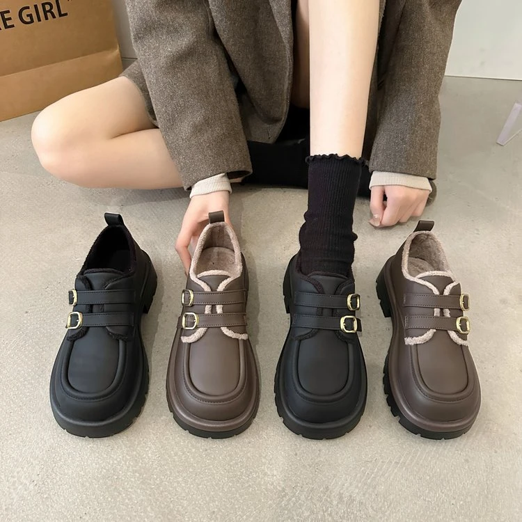 黑色厚底百搭加绒小皮鞋女2023秋冬季新款英伦风日系jk单鞋子春款