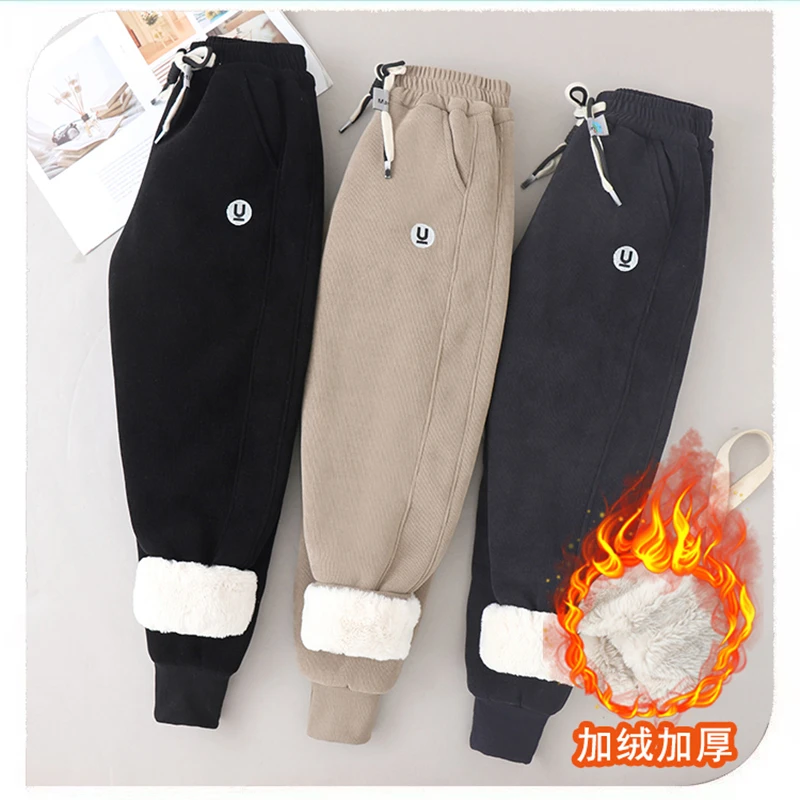 秋冬新品U字母冬季仿兔毛裤加厚中大童保暖外穿棉裤亲子款休闲裤