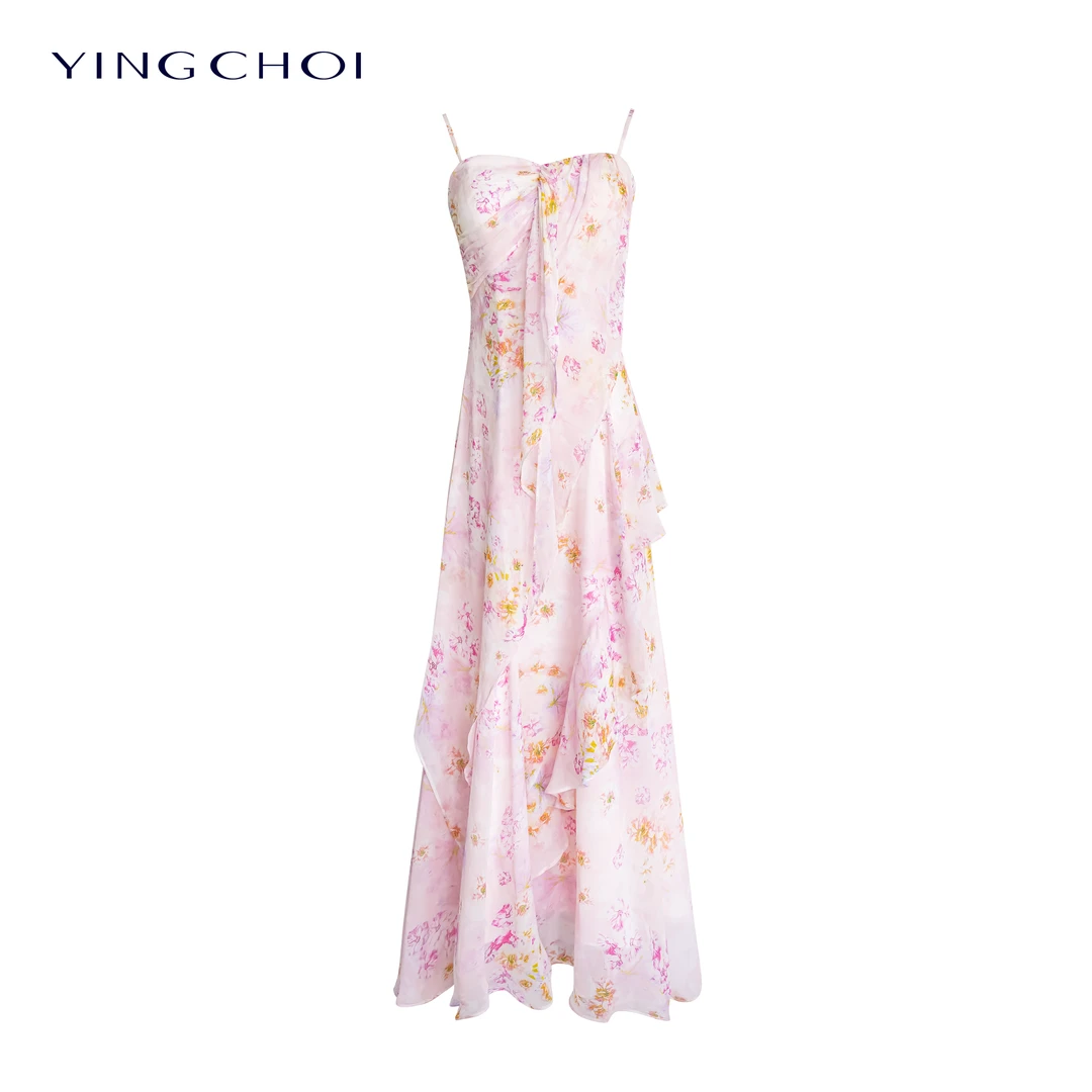 【闲乘画舫】YINGCHOI 粉色桑蚕丝印花吊带连衣裙 32197