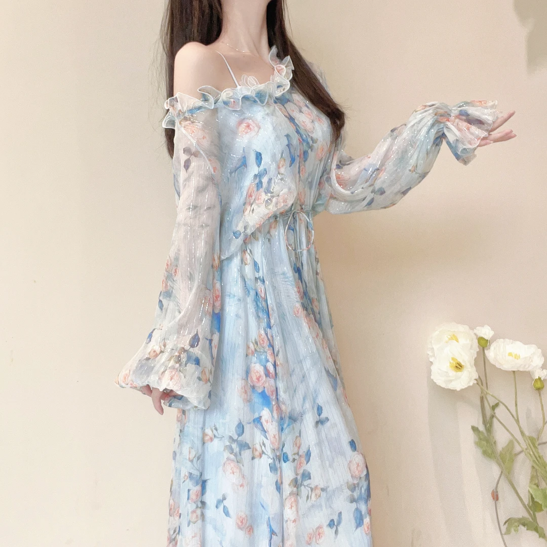 【设计师品牌】YINGCHOI兰亭序蓝色金银丝桑蚕丝连衣裙 YCHSD31305D