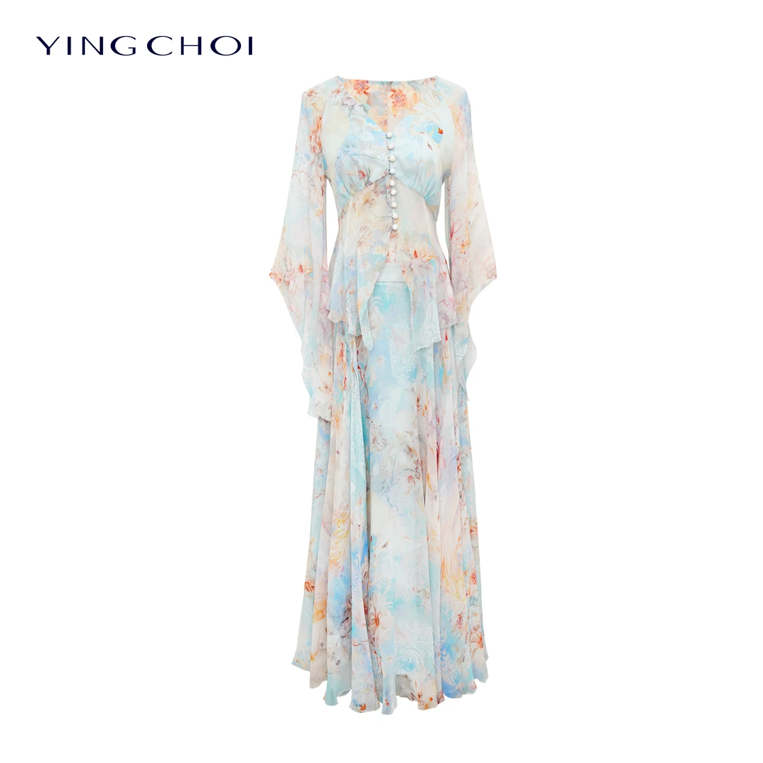 【元旦活动】YINGCHOI 蓝色桑蚕丝狐狸印花露背套装 21629