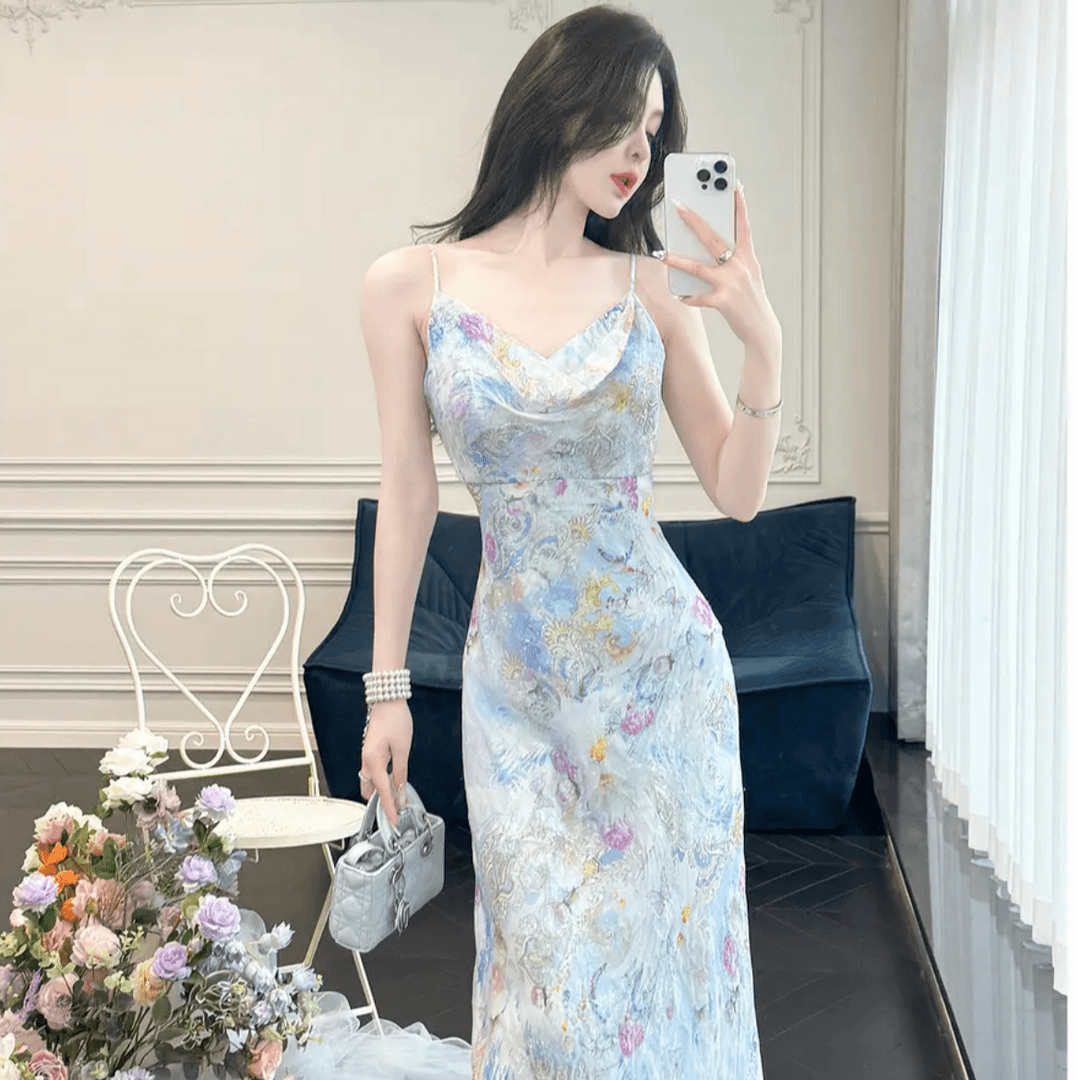 【彭彭echo】YINGCHOI 蓝色桑蚕丝彩皮剪花荡领连衣裙31910