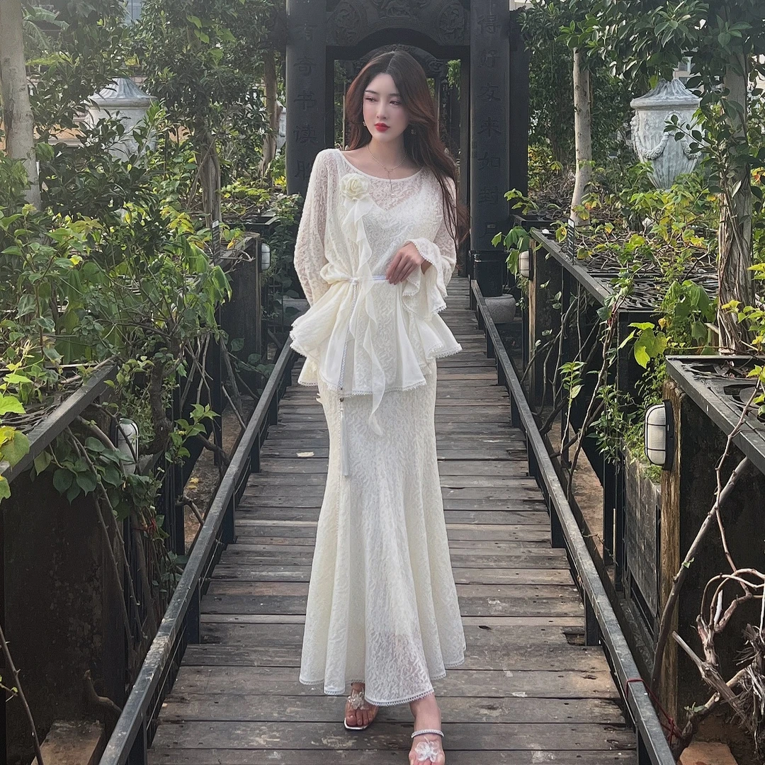 【设计师品牌】YINGCHOI 远山淡影 两色圆领鱼尾裙套装 21448/71317