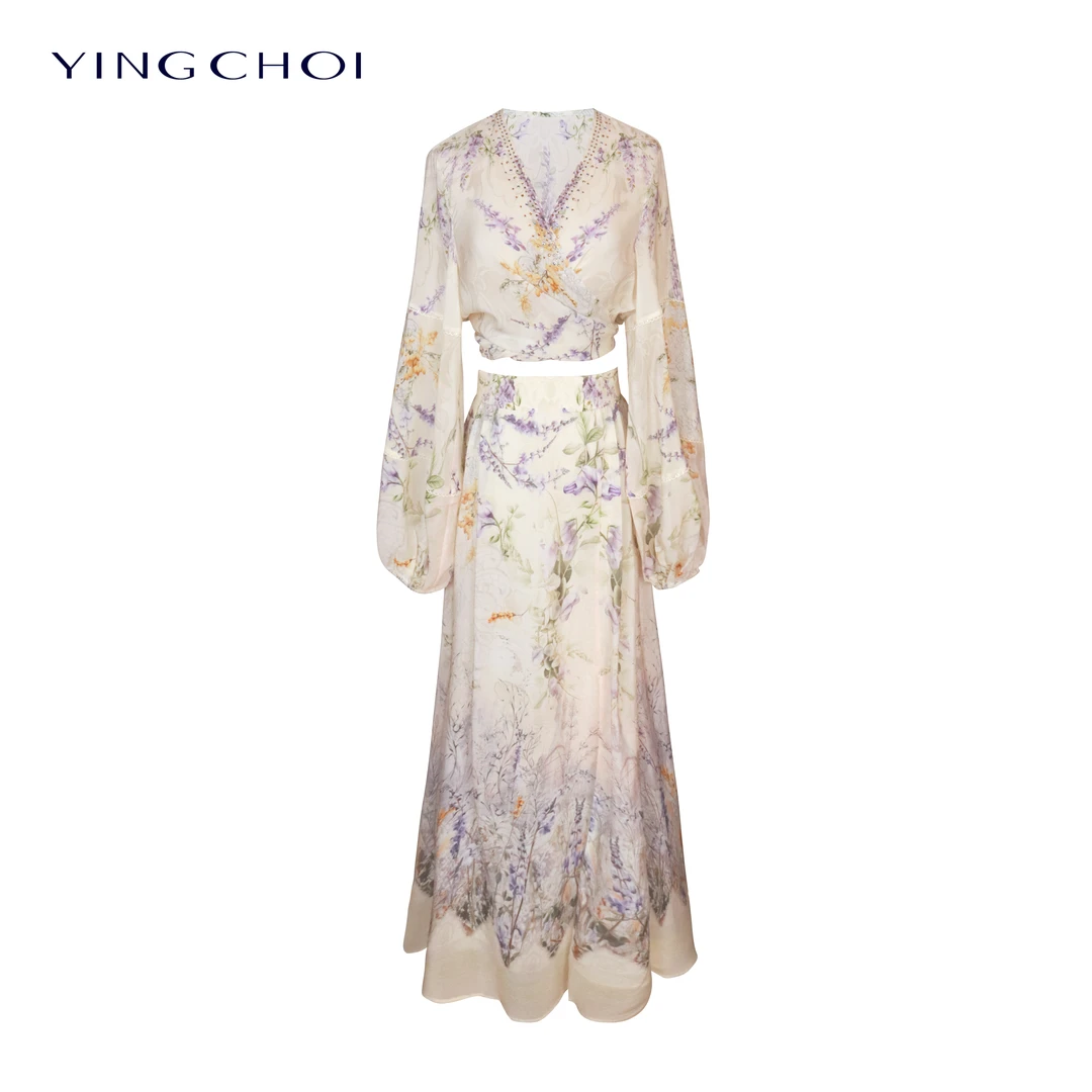 【紫藤挂云木】YINGCHOI 米色紫色印花桑蚕丝双绉套装 21561/71437