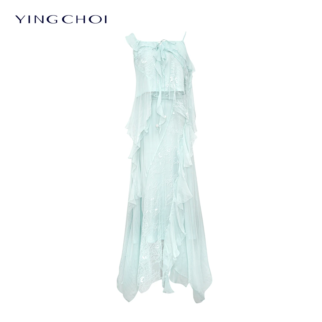 【设计师品牌】YINGCHOI 蓝色桑蚕丝亮片吊带套装 21550/71431