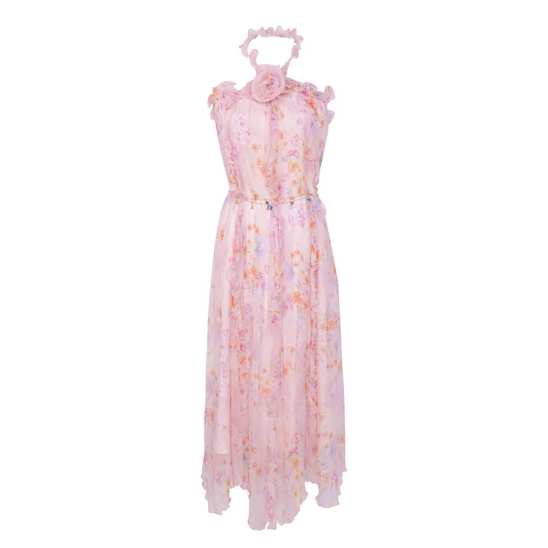 【设计师品牌】YINGCHOI 樱歌漫舞粉色碎花挂脖连衣裙31403 带腰链