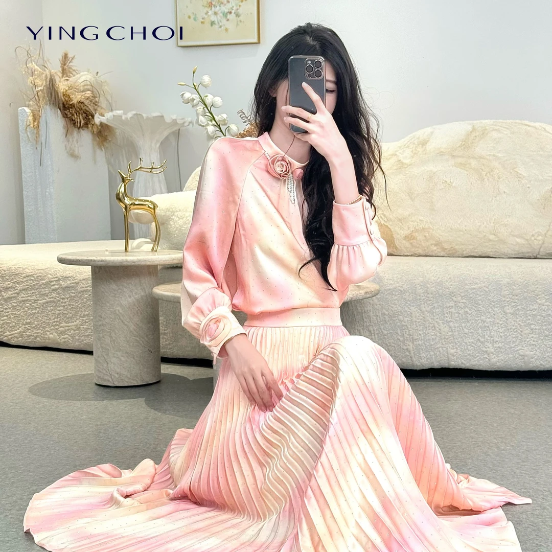 【花城秘境】YINGCHOI 粉色晕染烫钻压褶两件套71505/21705