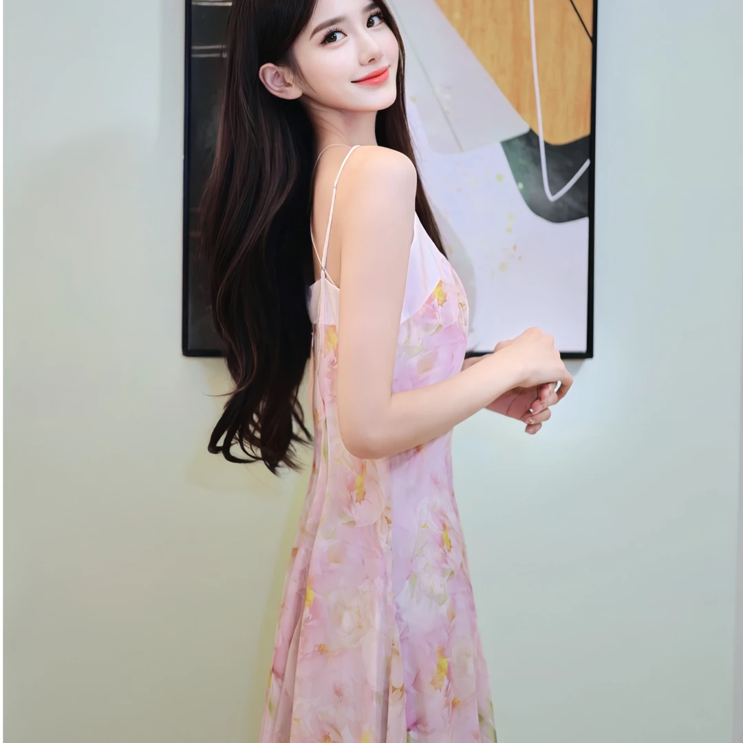【设计师品牌】YINGCHOI 薄雾花园粉色印花拼接吊带裙 31349