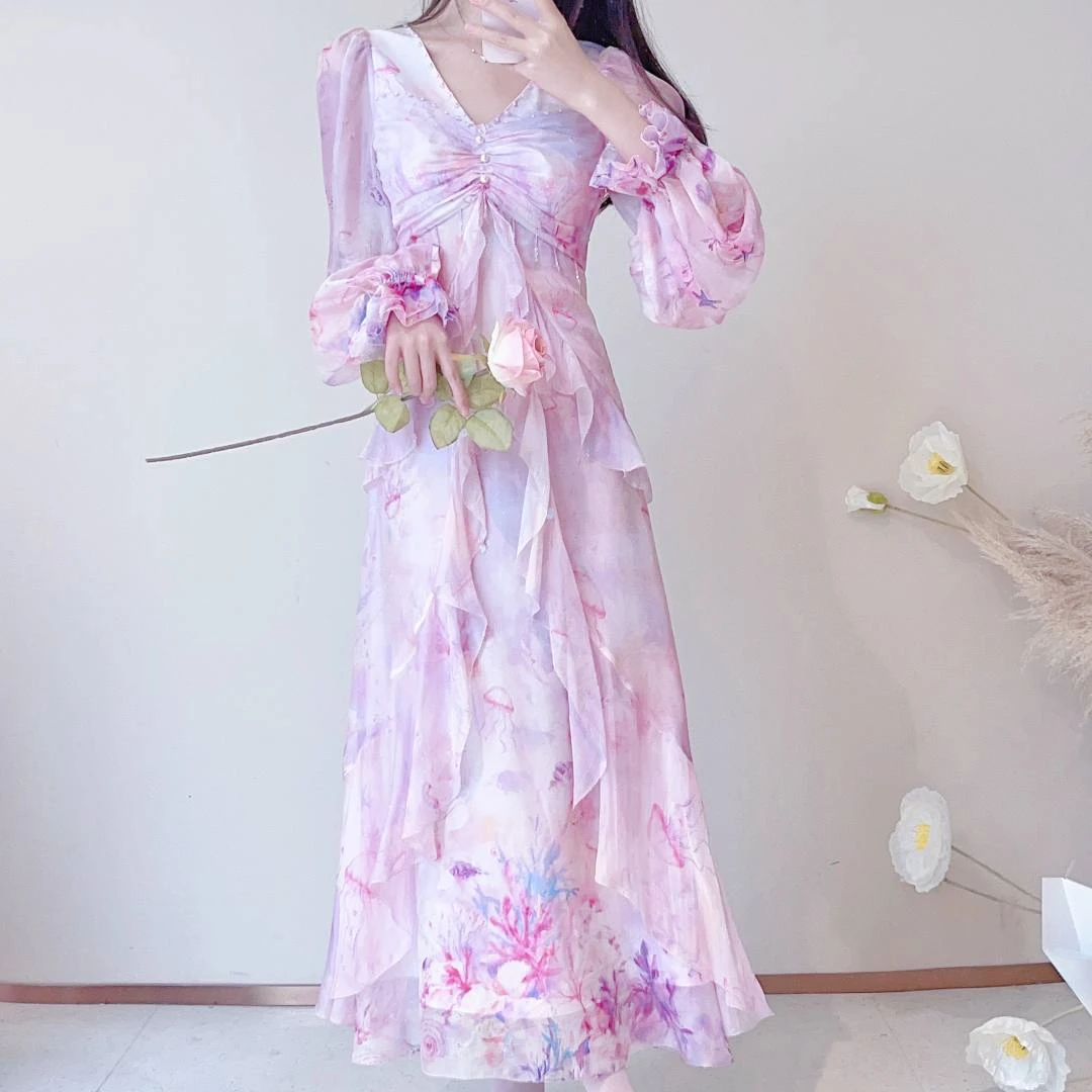 【浪静风恬】YINGCHOI桑蚕丝雪纺连衣裙 飘逸仙气度假风YCHSD31322D