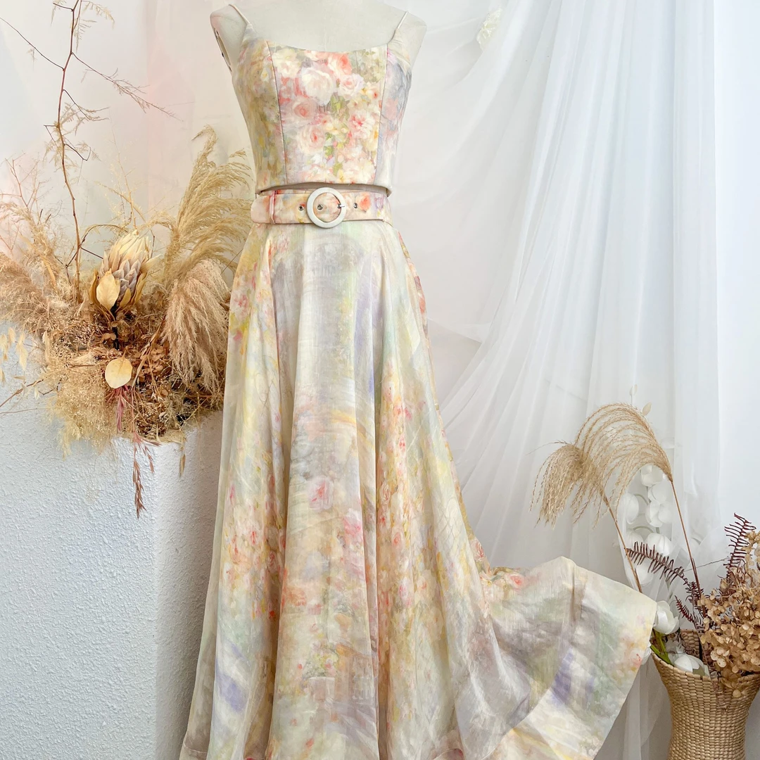 【流光花语】YINGCHOI 橘色丝麻印花吊带套装 21577/71473