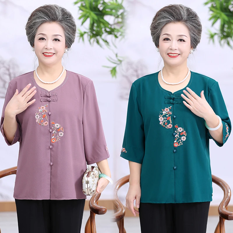 200斤大码中老年人妈妈女装夏季胖奶奶唐装宽松开衫绣花中袖衬衣
