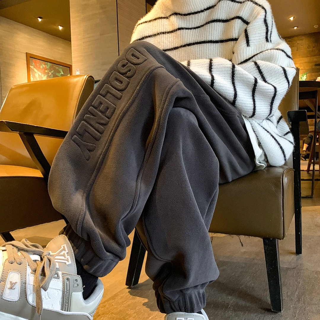 加绒束脚卫裤冬季加厚美式复古裤子重磅宽松运动休闲裤男生男款