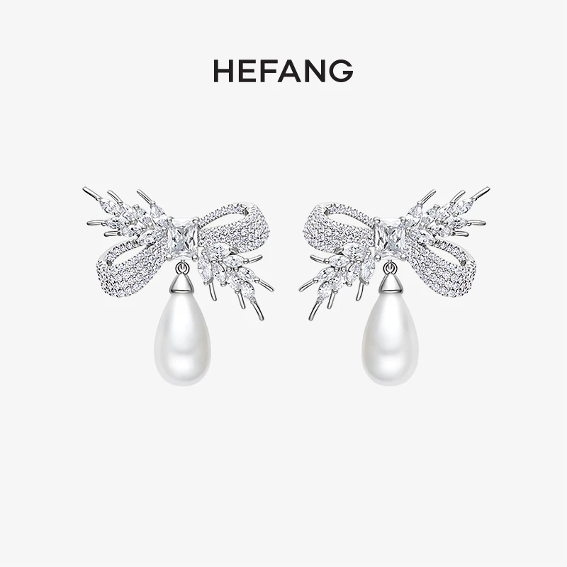 HEFANG 925银合成锆石 蝴蝶结麦穗耳环 精致优雅