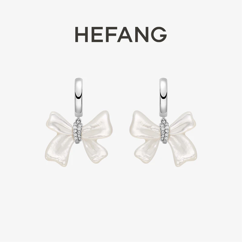 HEFANG贝壳蝴蝶结耳环白色轻奢送礼心意