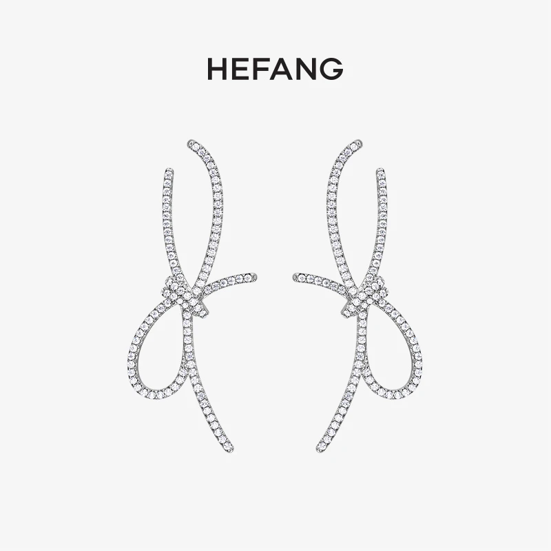 HEFANG 925银合成锆石 丝带结耳环满钻商场镶嵌五金女孩