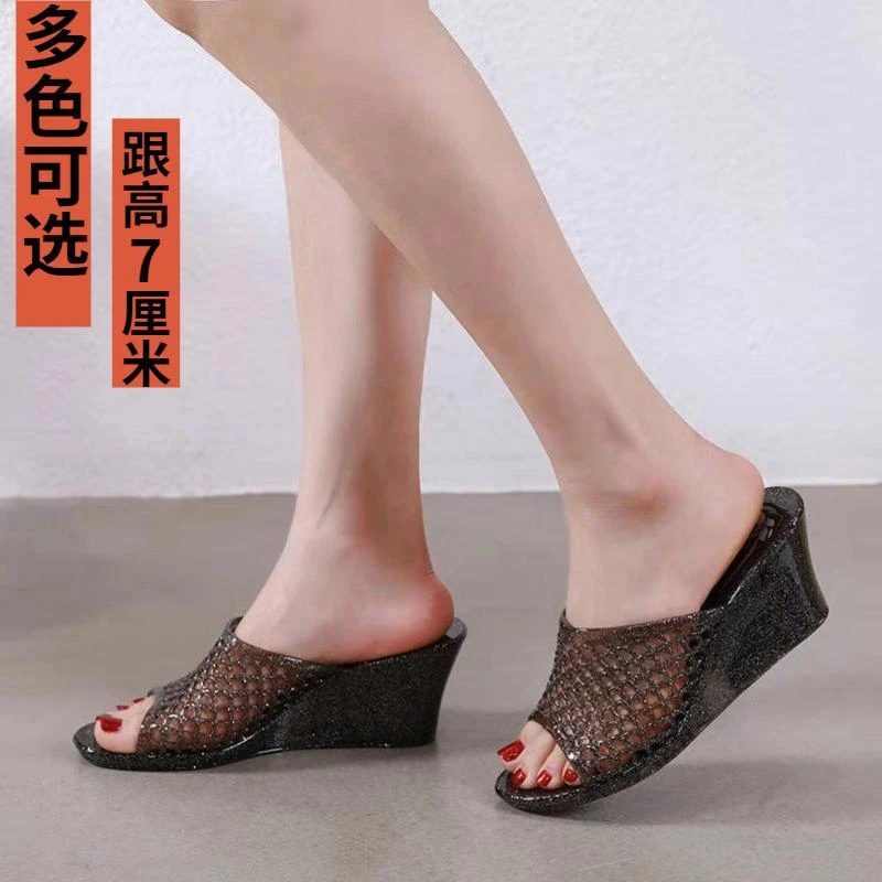 夏季新款外穿水晶坡跟网红鞋女夏浴室防滑防臭塑料高跟凉拖鞋小码
