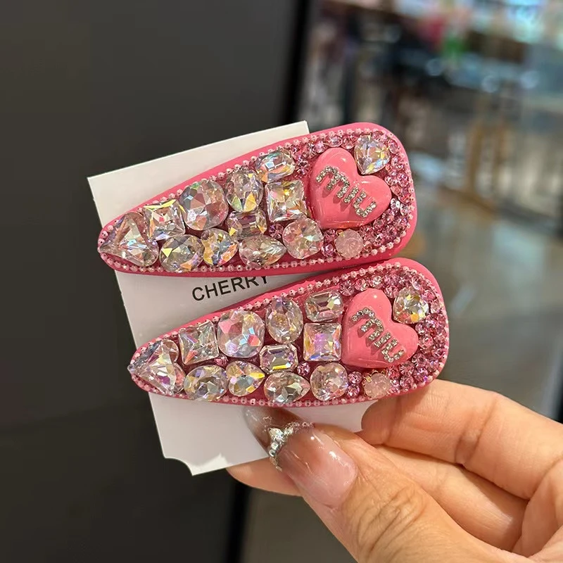 超闪粉色发夹爱心水晶高级感刘海夹头饰粉色甜美少女心边夹头饰