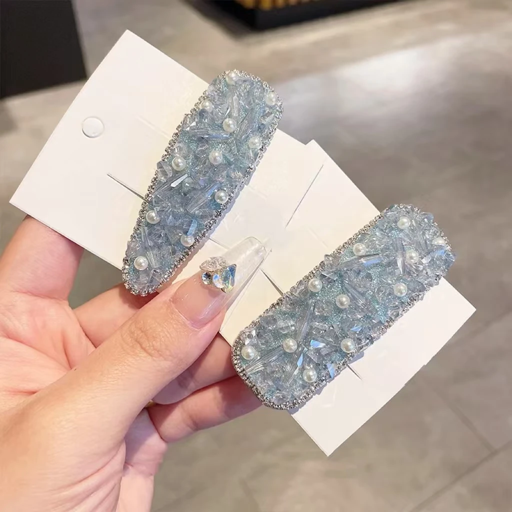 蓝色水晶珠珠气质水蓝色简约百搭清新彩色碎发夹刘海侧边夹