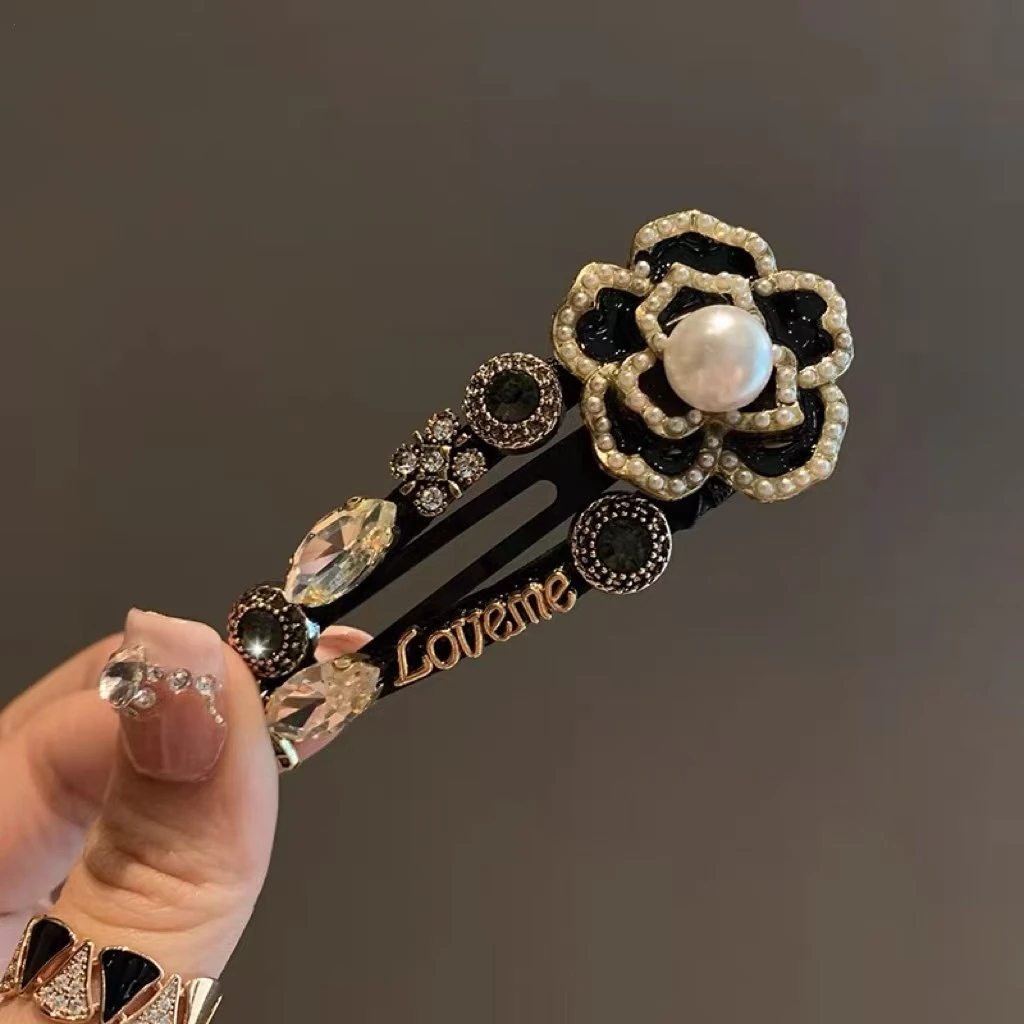 法式优雅山茶花发夹复古高级感水晶侧边刘海夹小香风bb夹碎发夹子