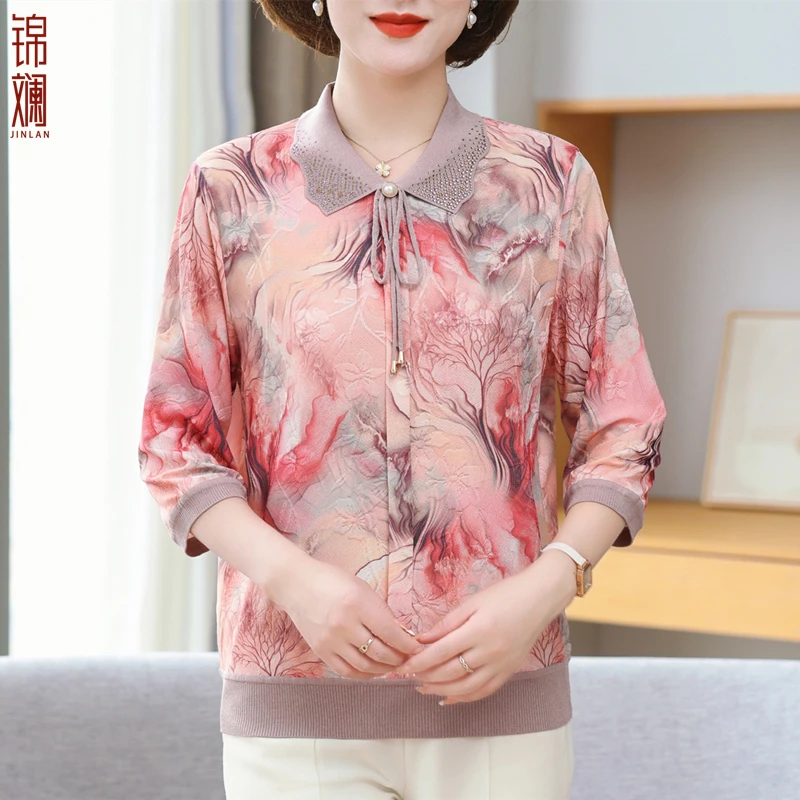 [锦斓]中老年女春夏季复古冰丝上衣高品质弹力垂坠妈妈七分袖小衫