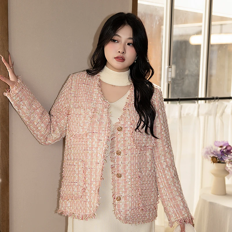 【霏霏推荐】秋冬气质编织法式百搭小香风粗花呢外套-8501