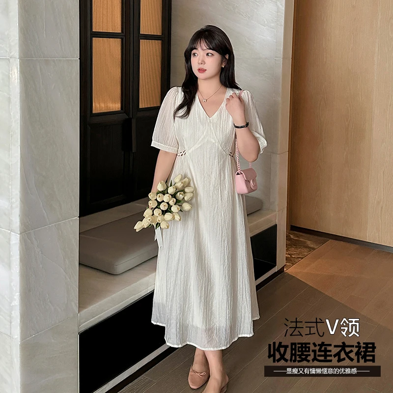 【涵胖胖】清*大码气质夏季时尚中长款过膝法式V领收腰连衣裙-8677