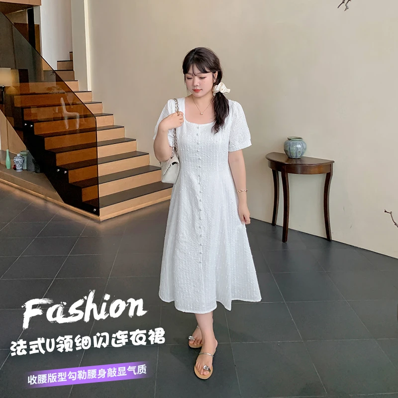 【涵胖胖推荐】清*时尚复古腰身法式U领细闪收腰连衣裙-8678