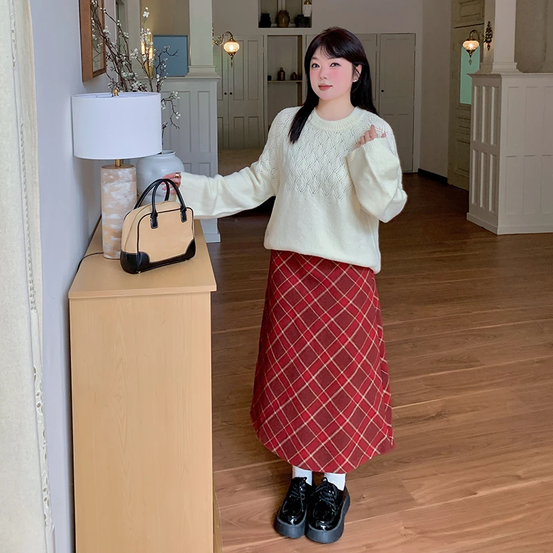 清【涵胖胖专属】秋冬新款胖妹妹复古格子长短款半身裙-8732AB