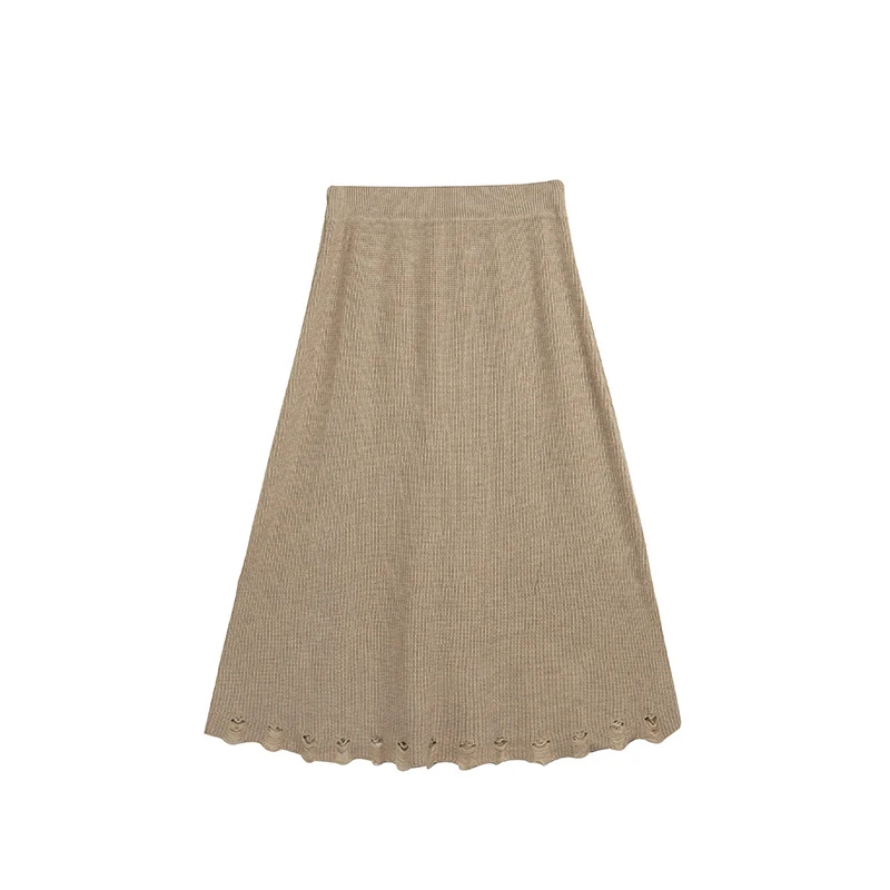 【霏霏推荐】秋季气质时尚百搭休闲高腰破洞拼接针织半裙-F155