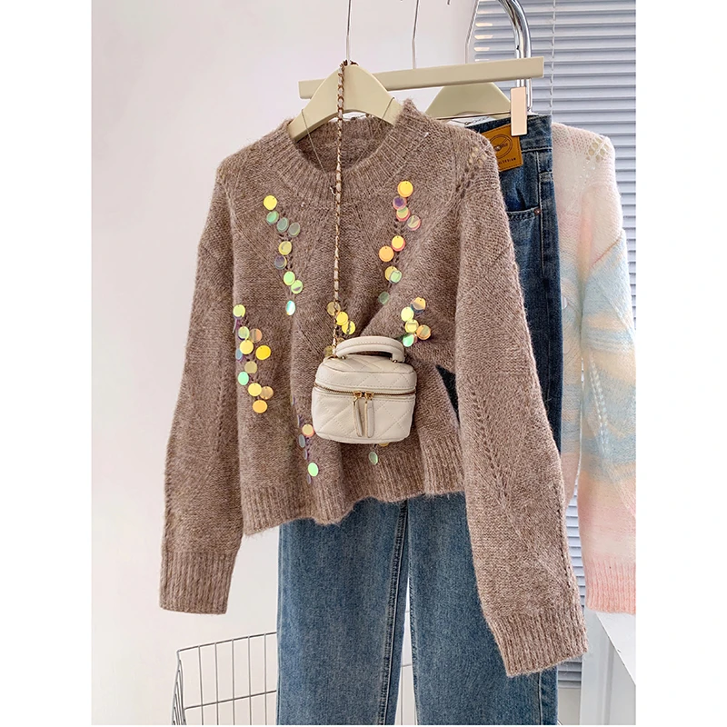 欧货重工亮片套头毛衣女秋冬新款洋气设计感慵懒风软糯长袖针织衫