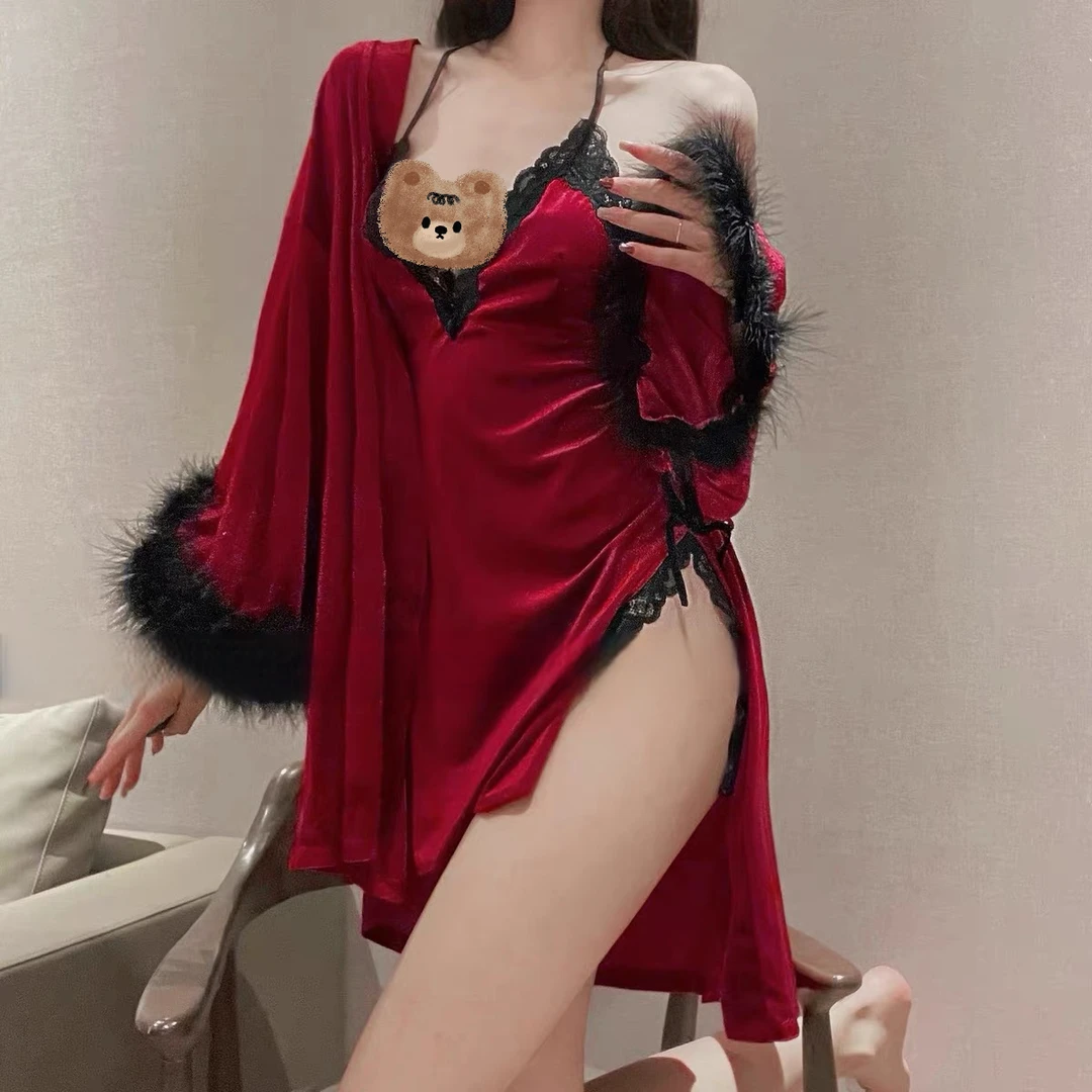 睡美人【玫瑰】蕾丝拼接秋冬厚料性感美背吊带睡裙家居服睡袍睡衣