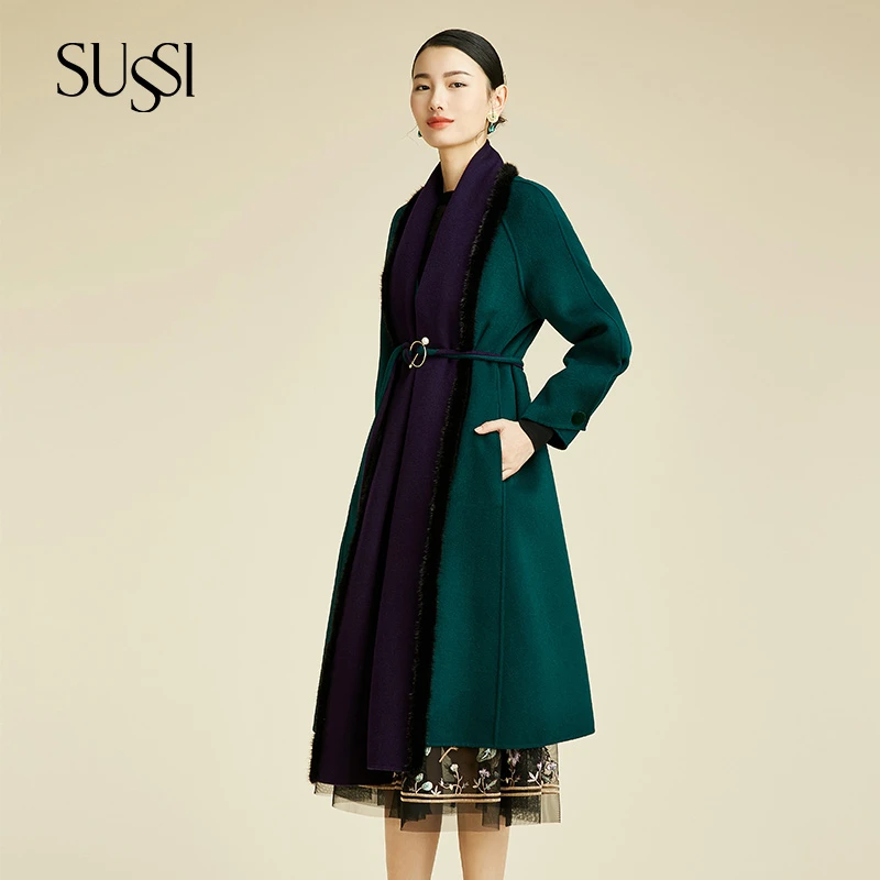 SUSSI/古色冬季新品商场同款墨绿色紫色双色双面呢貂毛大衣外套