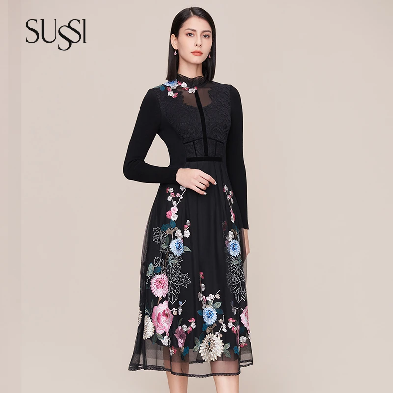 【在逃公主】SUSSI/古色24秋冬商场同款轻奢黑色刺绣连衣裙女高级感