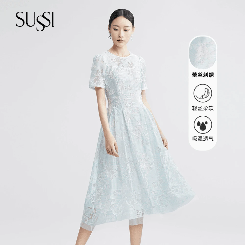 SUSSI/古色24夏商场同款刺绣收腰显瘦高级感连衣裙女装