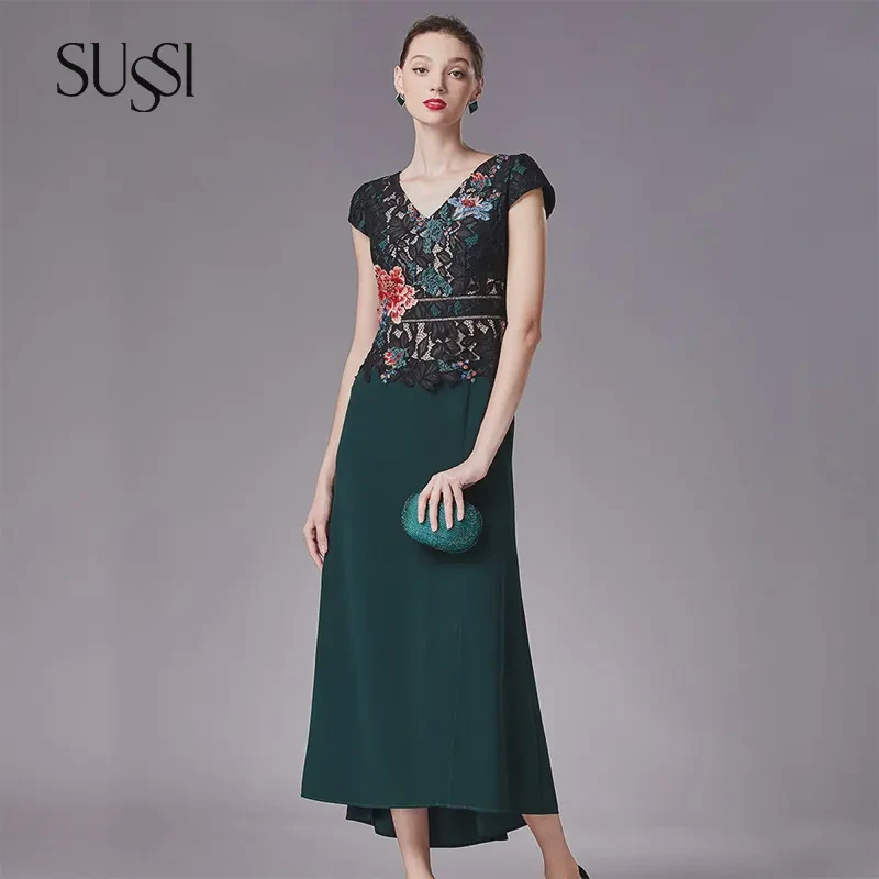 【繁花】SUSSI/古色24春夏商场同款墨绿色高级感刺绣宴会礼服裙女