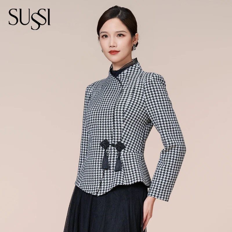 SUSSI/古色24冬季新品商场同款青衣黑中式时尚千鸟格短外套女装