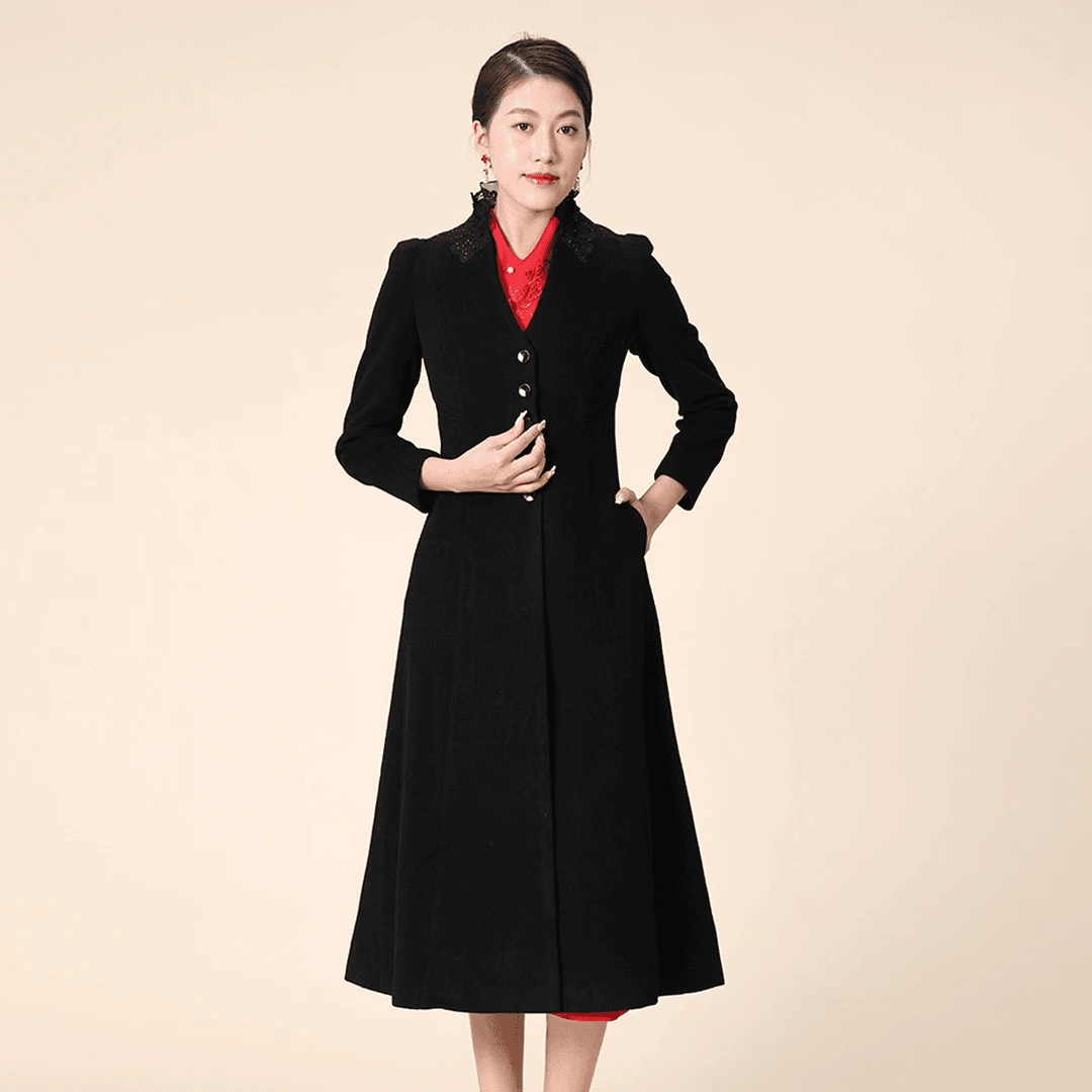 【凯特王妃】SUSSI/古色秋季时尚百搭高级黑色V型开襟荷叶立领大衣