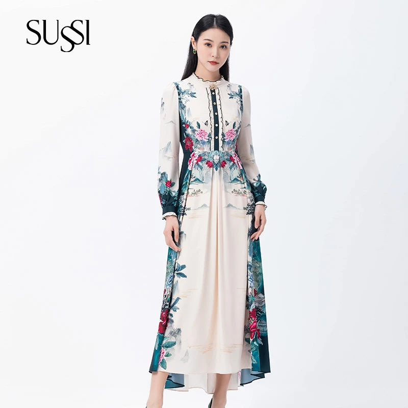 SUSSI/古色25秋商场同款圆领印花轻熟风百搭高腰连衣裙女