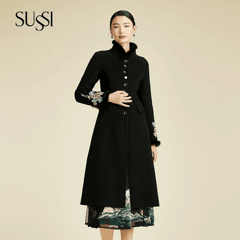 SUSSI/古色23冬季新品水貂毛皮立领单排扣羊毛大衣外套