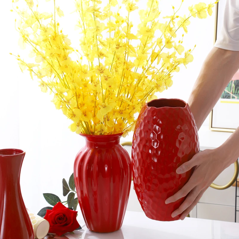 中国红台面陶瓷装饰 红色喜庆结婚花瓶 家居摆件干花花器插花新款