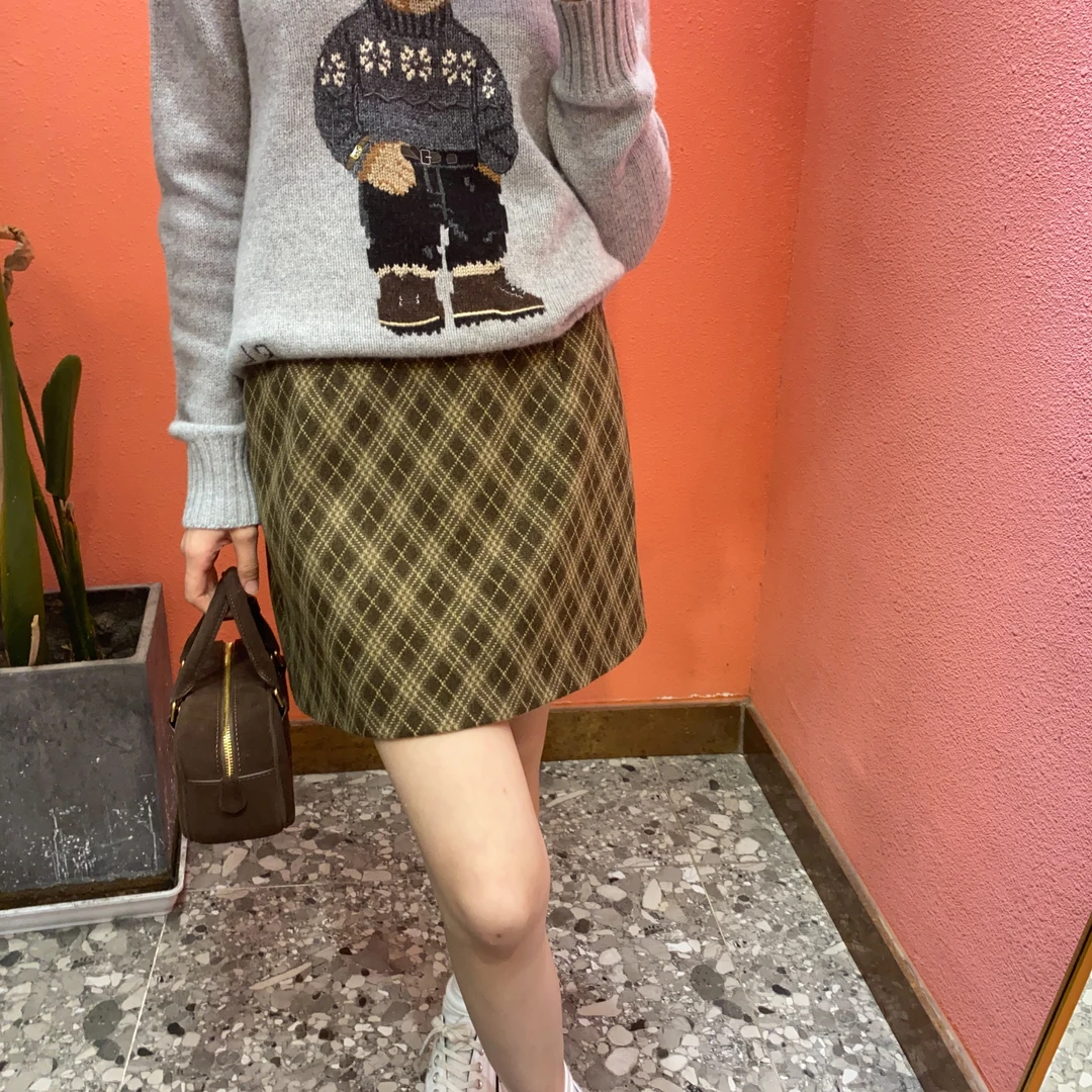 （默茗服装）复古菱格毛呢半裙
