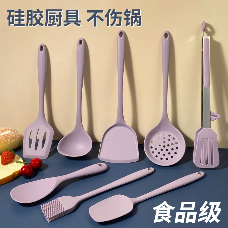 罗兰紫中式硅胶锅铲汤漏勺不粘锅耐高温炒菜煎铲厨房家用珐琅锅