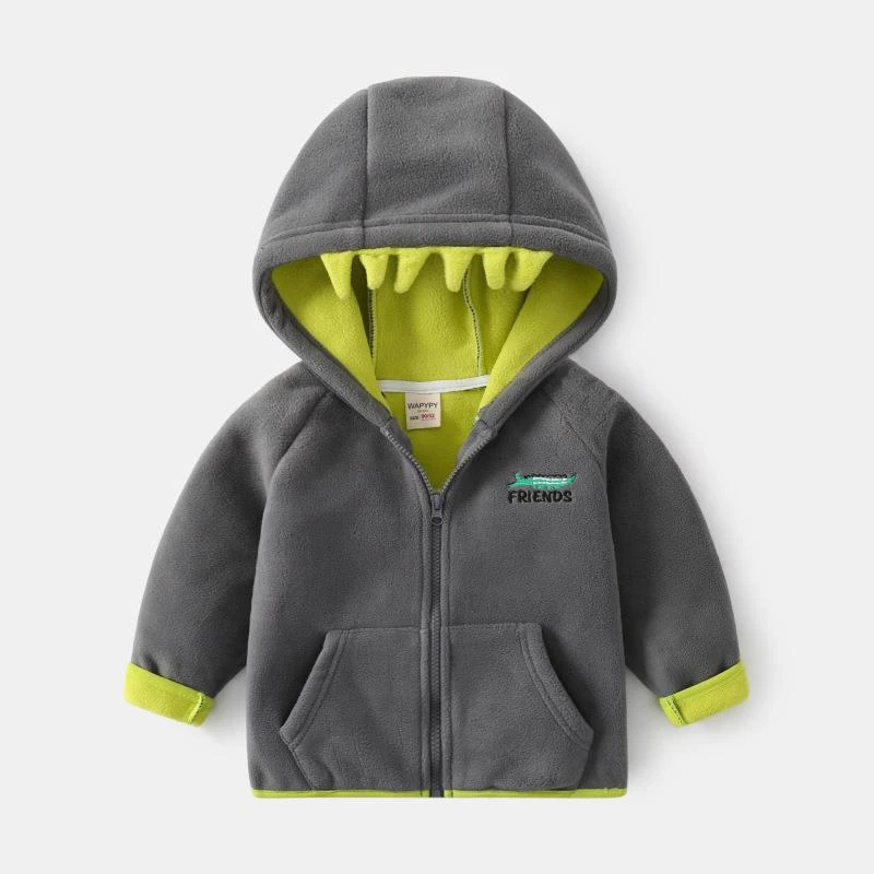 儿童加厚外套男童摇粒绒双层连帽衫宝宝加绒卫衣拉链衫韩版趣味潮