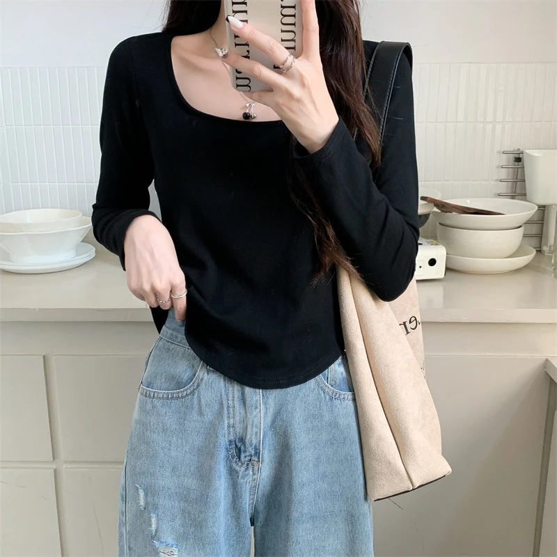 棉大码女装微胖MM早春新款正肩长袖T恤显瘦U领辣妹黑色打底上衣潮