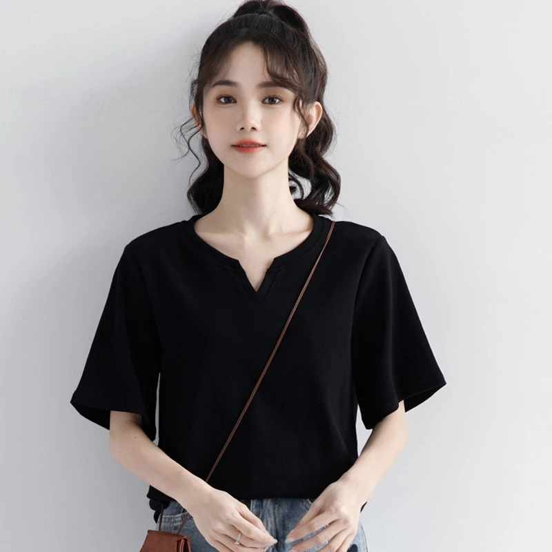 棉大码女装微胖MM正肩美式复古短袖T恤女夏季新款百搭V领上衣ins