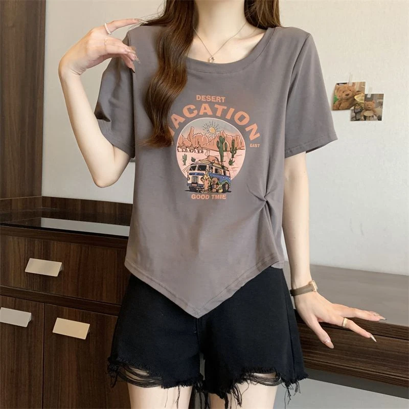棉大码胖MM新款正肩不规则印花短袖T恤女装百搭褶皱小众上衣ins夏