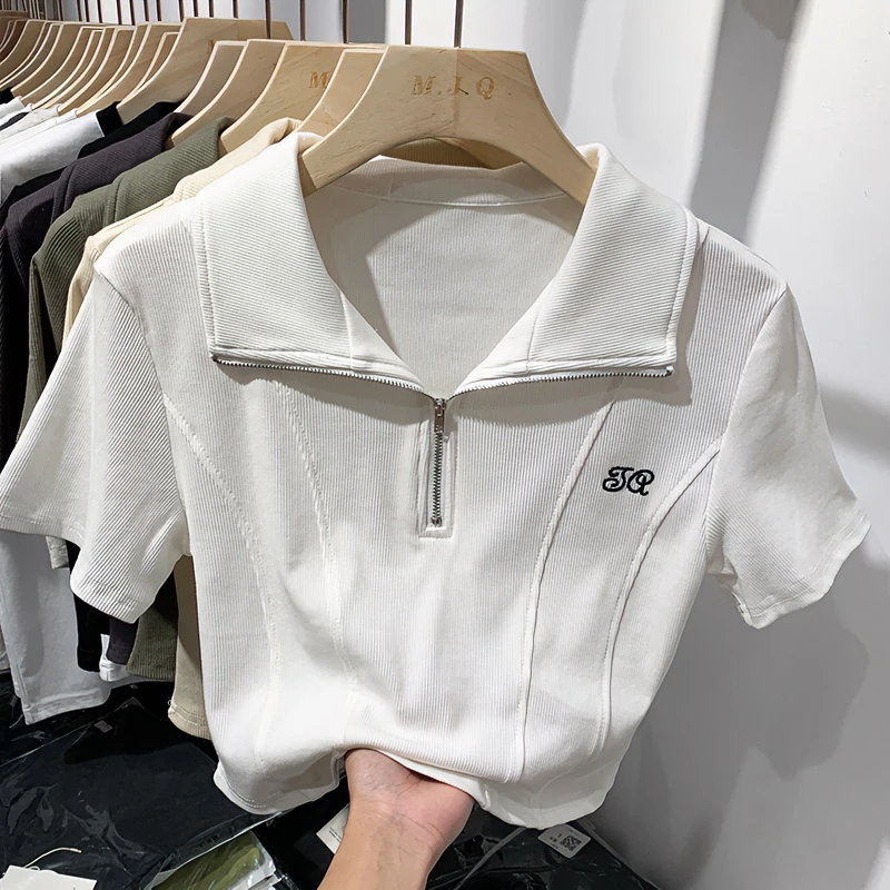 棉大码女装2024胖MM正肩短袖T恤夏季新款翻领polo衫短款拉链上衣